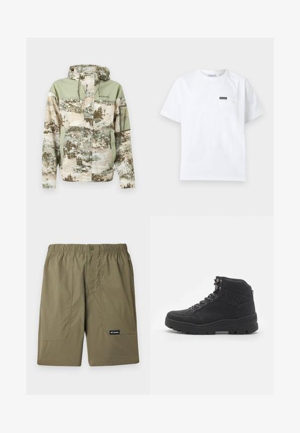 Jacke mit Tarnmuster, Kapuze, Kordelzug, Reißverschlusstasche am Ärmel, Frontreißverschluss mit Abdeckung und Columbia-Logo auf der Brust in gedeckten Grün- und Beigetönen.; Weißes T-Shirt mit kurzen Ärmeln und Rundhalsausschnitt, verfügt über eine kleine Brusttasche mit einem schwarzen Columbia-Logo-Patch.; Olivgrüne Columbia-Brand-Shorts mit elastischem Bund, vorderen Taschen und Knopfverschluss auf hellem Hintergrund.; Schwarze Stiefeletten bis zur Mitte des Knöchels aus Wildleder. Mit metallischen Ösen, Schnürsenkeln und einer strukturierten Gummisohle mit verstärktem Absatz.