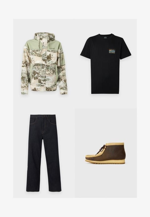 Veste à motif camouflage avec capuche, cordons, poche zippée sur la manche, fermeture éclair frontale avec rabat, et logo Columbia sur la poitrine, dans des tons verts et beige atténués.; T-shirt noir à manches courtes avec un petit graphique multicolore de montagne et d'océan, ainsi que le texte « BILLABONG Adventure division » sur le côté gauche de la poitrine.; Jean droit bleu foncé avec bouton et fermeture éclair à l'avant, doté de poches et de surpiqûres contrastantes orange.; Bottes de chelsea en cuir marron avec un col en daim beige, bout arrondi et lacets marron. Présentent une semelle en caoutchouc texturée pour une meilleure adhérence.