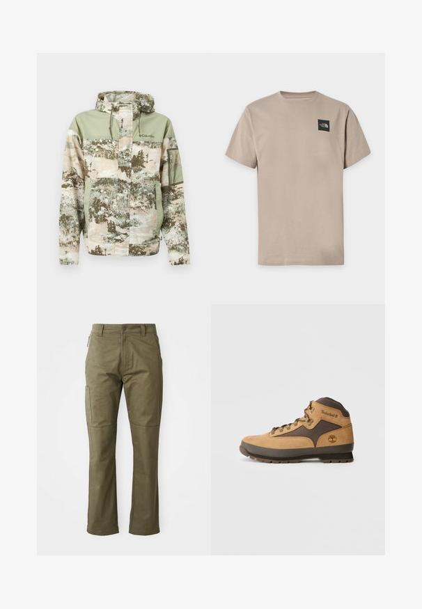 Jas met camouflagepatroon, capuchon, trekkoorden, ritszak op de mouw, voorrits en klep, en Columbia-logo op de borst in zachte groene en beige tinten.; Beige T-shirt met korte mouwen en ronde hals met klein zwart The North Face-logo op de linker bovenkant van de borst.; Khaki cargobroek gemaakt van stevig katoen, met zijzakken, rechte pijpen en een rits met knoopsluiting.; Bruine suède wandelschoen met donkerbruine accenten, metalen oogjes en gripzool. Timberland-logo geperst op de zijkant. Halflange ontwerp.