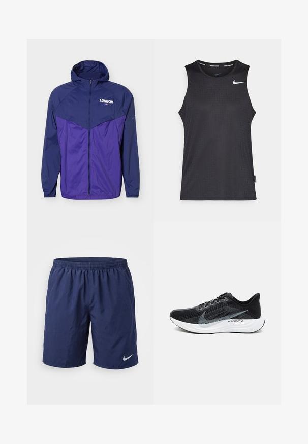 Veste légère à capuche bleu marine et violette avec fermeture éclair frontale et texte « LONDON » avec un petit logo swoosh sur la poitrine.; Débardeur de sport noir sans manches en matériau lisse, présentant un motif texturé et un petit logo blanc de Nike sur la poitrine.; Short de sport bleu marine avec ceinture élastique et logo Nike blanc sur la jambe gauche.; Chaussure de sport noire avec une tige en mesh respirant, des accents gris, une semelle blanche rembourrée et un design élégant et épuré.