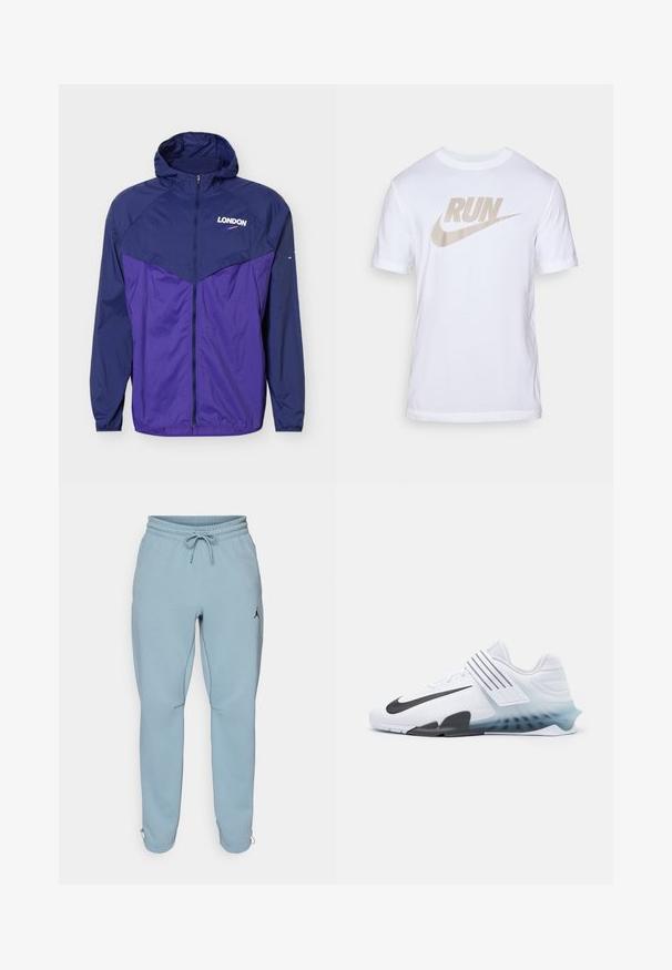 Meresinine ja lilla kerge kapuutsiga jakk ees tõmblukuga ja rinnal tekst „LONDON“ väikese swoosh-logoga.; Valge puuvillane T-särk, millel on suur beež "RUN" tekst ja Nike swoosh logo, lühikesed varrukad ja klassikaline ümar kaelus.; Heledad sinine dressipüksid pehmest kangast, millel on elastne vöökoht koos nööriga, küljetaskud ja väike must logo reiel.; Valge sportking, millel on must Nike swoosh, võrgust ülemine osa, kolm musta triipu ja sinisest selgeks suunduva talla gradient. Omab tugevdavat aksenti.