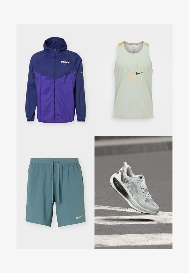 Letvægt hættetrøje i navy og lilla med frontlynlås og teksten "LONDON" med lille swoosh-logo på brystet.; Lysegrøn ærmeløs Nike løbetop med gul grafisk tekst "DISTANT DREAMS" og sort Nike-swoosh foran.; Blågrønne atletikshorts med snøre i taljen, sidelommer og hvid Nike-swoosh-logo på venstre ben.; Lysegrå atletiksko med sort "ZoomX" sål, hvide snørebånd og "RUN" label, vist i luften over asfalt med hvide striber.