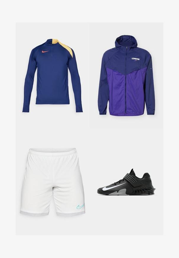 Chaqueta ligera con capucha en azul marino y púrpura con cremallera frontal y texto "LONDON" con un pequeño logotipo swoosh en el pecho.; Camiseta deportiva de manga larga en azul marino con un acento amarillo en el hombro, cuello con media cremallera y el logotipo de Nike en rojo en el pecho.; Pantalones cortos deportivos blancos con cintura elástica, ribete de malla y un logo de swoosh de Nike en color turquesa en la parte inferior derecha.; Zapatos deportivos negros con un diseño elegante, que presentan un destacado logo de Nike en blanco, superposiciones texturizadas y una suela moldeada distintiva.