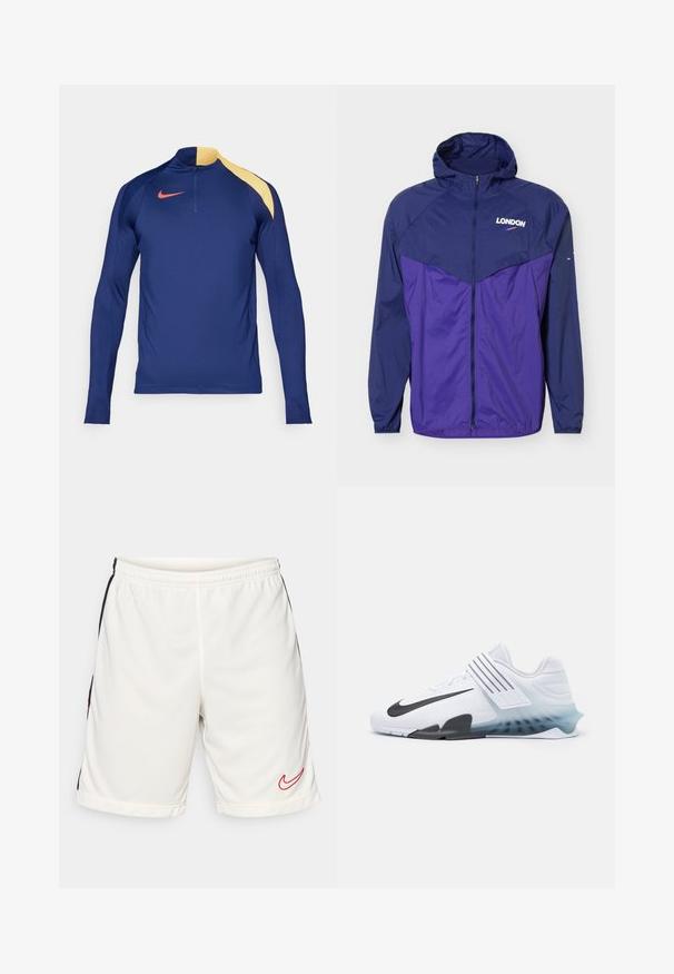 Chaqueta ligera con capucha en azul marino y púrpura con cremallera frontal y texto "LONDON" con un pequeño logotipo swoosh en el pecho.; Camiseta deportiva de manga larga en azul marino con un acento amarillo en el hombro, cuello con media cremallera y el logotipo de Nike en rojo en el pecho.; Shorts atléticos blancos hechos de un tejido suave con una franja lateral negra y un logo de Nike rojo en el dobladillo inferior izquierdo. Cintura elástica incluida.; Zapato atlético blanco con el logotipo negro de Nike, parte superior de malla, tres franjas negras y una suela con degradado de azul a transparente. Presenta acentos reforzados.