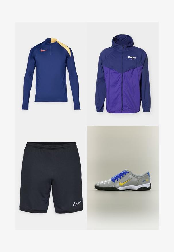 Laivastonsininen ja violetti kevyt hupparipaita, jossa on edessä vetoketju ja rintataskussa teksti "LONDON" sekä pieni swoosh-logo.; Tummansininen pitkähihainen urheilu-paitapusero, jossa on keltainen olka-akkentti, puolivetoketjukaulus ja punainen Nike-viuhka logo rinnassa.; Mustat urheilushortsit, joissa on sileä ja kevyt kangas, joustava vyötärö ja valkoinen Nike-logo helman lähellä.; Harmaa Nike Total 90 sisäjalkapallokenkä keltaisella swooshilla, sinisillä nauhoilla ja mustalla pohjalla neutraalilla taustalla.