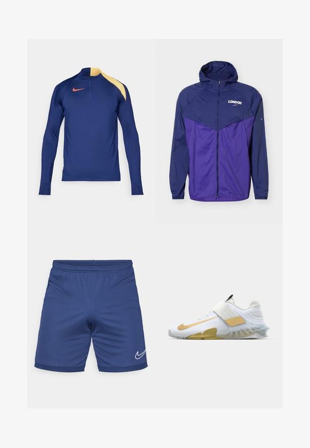 Ľahká kapucňová bunda v námorníckej modrej a fialovej farbe so zipsom vpredu a nápisom „LONDON“ s malým logom swoosh na hrudi.; Námornícky modrý športový top s dlhým rukávom, žltým akcentom na pleci, polovičným zipom na golieri a červeným logom Nike swoosh na hrudi.; Modré atletické šortky z ľahkého materiálu. Majú elastický pás a biely logo Nike Swoosh na dolnej strane.; Biele športové topánky so zlatými akcentmi, textúrové sieťované zvršky, polstrovaný golier a priehľadná gumová podrážka; majú široký popruh cez strednú časť nohy.