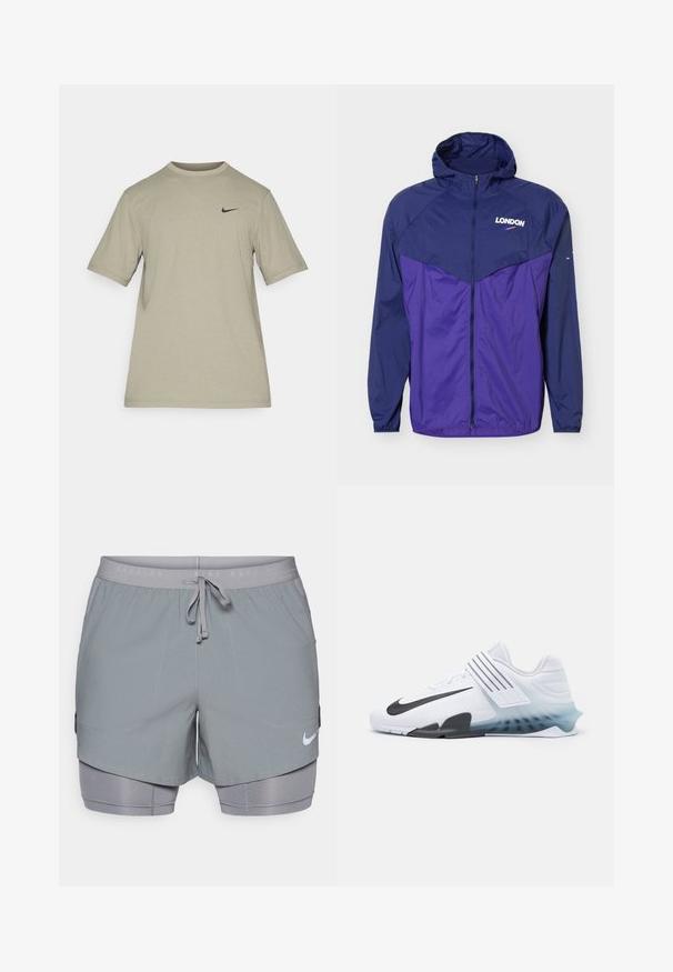 Letvægt hættetrøje i navy og lilla med frontlynlås og teksten "LONDON" med lille swoosh-logo på brystet.; Lysegrå Nike T-shirt med korte ærmer, rund hals og lille sort Nike-swoosh-logo på venstre bryst.; Grå løbeshorts med snor i taljen, indvendig foring og sidelommer. Nike-logoet er trykt i hvid på kanten.; Hvide atletiske sko med sort Nike swoosh, mesh-overdel, tre sorte striber og en gradient sål fra blå til klar. Har forstærkede detaljer.