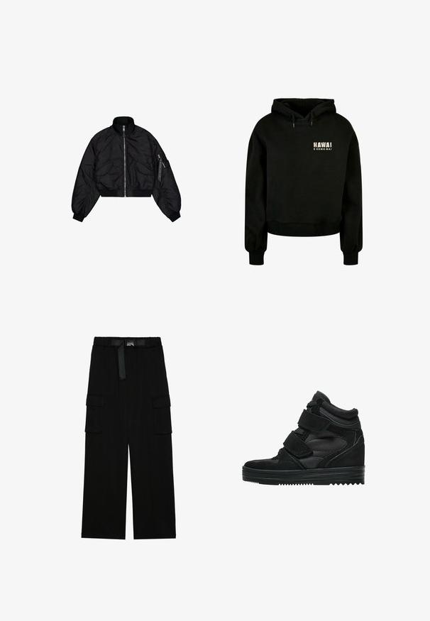 Sort cropped bomberjakke med høj krave, lynlåslukning, elastiske cuffs og to frontlommer. Glat, skinnende tekstur med let glans.; Sort cropped hoodie lavet af blødt bomuldsstof. Har en justerbar hætte og ribbede manchetter. Frontdesignet inkluderer teksten: "HAWAI E KOMO MAI."; Sorte cargo bukser med vidde ben, elastisk talje med bælte og to store sidelommer til opbevaring.; Sorte høj-top sneakers lavet af ruskind og mesh, med velcro-remme, en glat overflade og en struktureret gummisål for godt greb.