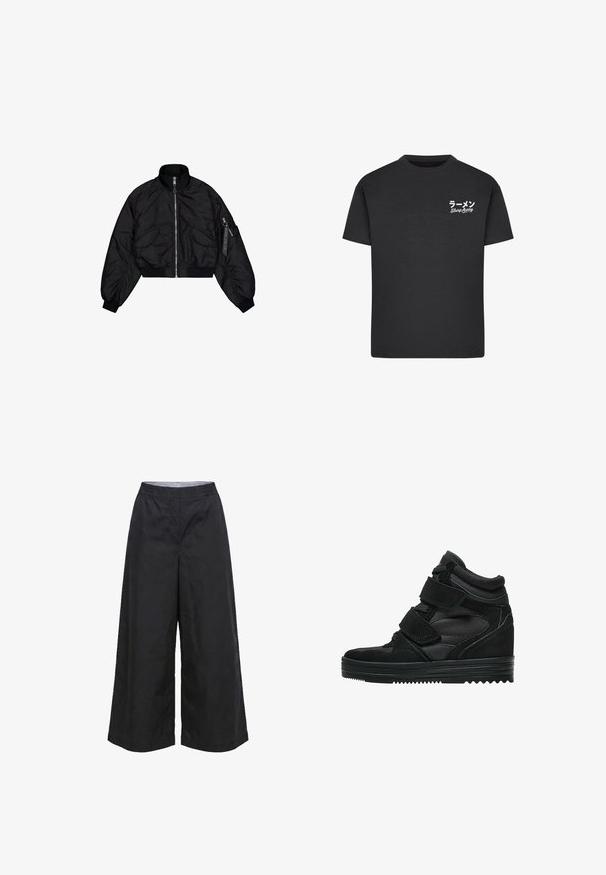 Veste bomber noire courte avec col montant, fermeture éclair, poignets élastiques et deux poches avant. Texture lisse et brillante avec un léger éclat.; T-shirt noir en coton avec un col rond. Présente du texte blanc, y compris des caractères japonais et les mots "Slurp Away" sur la zone gauche de la poitrine.; Pantalon noir à jambes larges avec ceinture élastique et taille mi-haute, fabriqué en tissu léger, adapté à un usage décontracté.; Baskets montantes noires en suede et mesh, avec des bandes Velcro, une finition lisse et une semelle en caoutchouc texturée pour une meilleure adhérence.