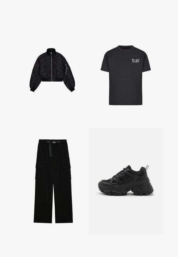 Sort cropped bomberjakke med høj krave, lynlåslukning, elastiske cuffs og to frontlommer. Glat, skinnende tekstur med let glans.; Sort bomulds T-shirt med rund hals. Har hvid tekst, inklusive japanske tegn og "Slurp Away," på venstre brystområde.; Sorte cargo bukser med vidde ben, elastisk talje med bælte og to store sidelommer til opbevaring.; Sorte sportssko med en struktureret mesh-overdel, buet gummisåler og et fremtrædende dækmønster. Har integreret snøring og en pull tab.