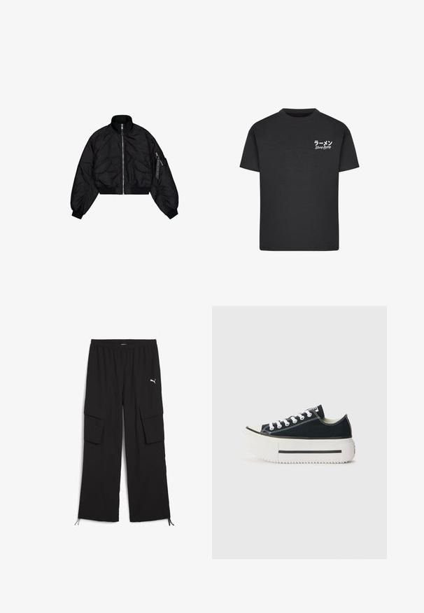 Schwarze, kurze Bomberjacke mit hohem Kragen, Reißverschluss, elastischen Säumen und zwei Fronttaschen. Glatte, glänzende Textur mit leichtem Schimmer.; Schwarzes Baumwoll-T-Shirt mit Rundhalsausschnitt. Mit weißem Text, einschließlich japanischer Schriftzeichen und "Slurp Away", auf der linken Brustseite.; Schwarze Cargo-Hosen mit weitem Bein, elastischem Bund, zwei Seitentaschen und Kordelzugsäumen. Mit einem kleinen weißen Logo.; Schwarze Canvas-Sneaker mit einer weißen Gummisohle, die eine dicke Plateausohle, weiße Schnürsenkel und kontrastierende Nähte entlang der Nähte aufweisen.