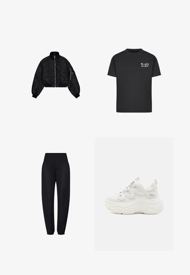 Sort cropped bomberjakke med høj krave, lynlåslukning, elastiske cuffs og to frontlommer. Glat, skinnende tekstur med let glans.; Sort bomulds T-shirt med rund hals. Har hvid tekst, inklusive japanske tegn og "Slurp Away," på venstre brystområde.; Sorte bukser med høj talje, smocksyet taljebånd og elastiske manchetter, løstsiddende gennem hoften og med afsmalnende ben.; Hvide chunky sneakers med overdel i mesh og syntetisk materiale, buet form, tekstureret sål og fremtrædende snøresystem med logo detaljer.