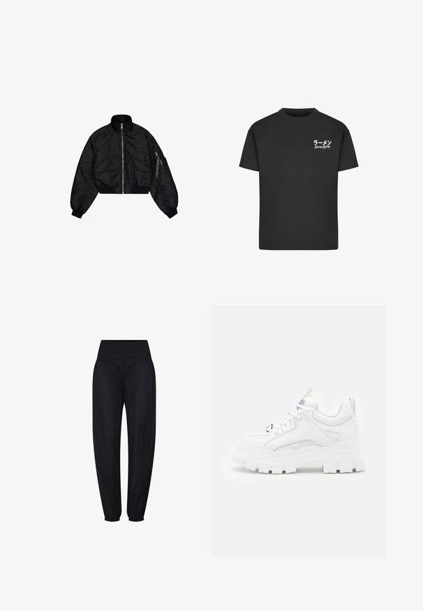 Sort cropped bomberjakke med høj krave, lynlåslukning, elastiske cuffs og to frontlommer. Glat, skinnende tekstur med let glans.; Sort bomulds T-shirt med rund hals. Har hvid tekst, inklusive japanske tegn og "Slurp Away," på venstre brystområde.; Sorte bukser med høj talje, smocksyet taljebånd og elastiske manchetter, løstsiddende gennem hoften og med afsmalnende ben.; Hvide chunky sneakers med en tekstureret overdel, polstret krave og tyk, rillede sål. Har kontrastfarvede sorte snørebånd og brandingdetaljer.