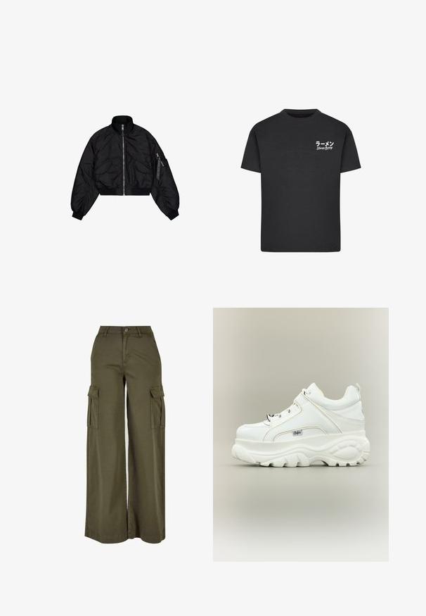 Sort cropped bomberjakke med høj krave, lynlåslukning, elastiske cuffs og to frontlommer. Glat, skinnende tekstur med let glans.; Sort bomulds T-shirt med rund hals. Har hvid tekst, inklusive japanske tegn og "Slurp Away," på venstre brystområde.; Olivengrønne bredde cargo bukser med to sidelommer, lavet af et blødt, holdbart stof. Har detaljeret syning og en knaplukning.; Hvid platformsneaker med tyk klodset sål, snørebånd foran og Buffalo-brandlogo på siden, vist fra ydersiden.