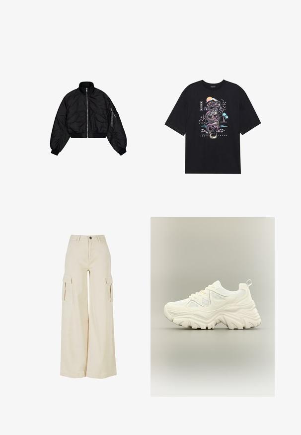 Chaqueta bomber negra cortada con un alto cuello, cierre de cremallera, puños elásticos y dos bolsillos frontales. Textura suave y brillante con un ligero brillo.; Camiseta negra con un gráfico colorido de un dragón, flores de cerezo, sol y montaña. El texto dice "Tokio Japón" debajo del diseño.; Pantalones cargo de pierna ancha color beige, fabricados en algodón, con dos grandes bolsillos laterales, cierre de botón en la parte delantera y un dobladillo limpio.; Zapatilla blanca gruesa con suela gruesa y texturizada, paneles de malla, cierre de cordones en la parte delantera y tira en el talón sobre un fondo neutro.