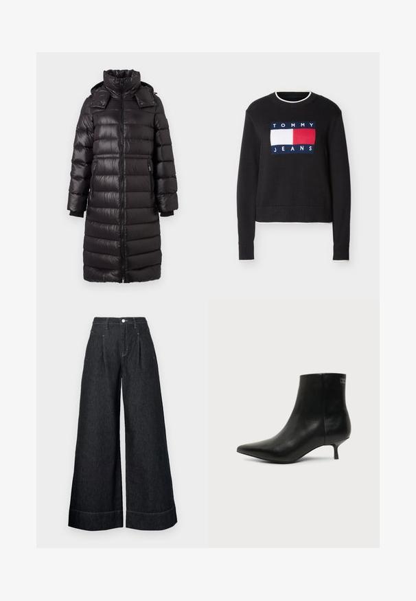 Lange zwarte gewatteerde pufferjas met hoge kraag, rits aan de voorkant, zijzakken met rits en afneembare capuchon, ontworpen voor koud weer.; Zwarte crewneck trui met wit en rood Tommy Jeans-logo op de voorkant, geribbelde manchetten en zoom, en witte afwerking op de kraag, manchetten en zoom.; Zwarte denim broek met rechte pijpen en hoge taille, met voorplooien, een knoopsluiting en contrasterende stiksels aan de zoom.; Zwart leren enkellaars met puntige neus en lage kittenhak op lichte achtergrond, zijaanzicht buitenkant.