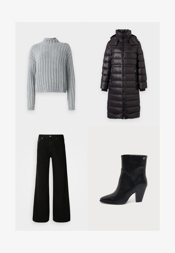 Manteau long en duvet noir matelassé avec col montant, fermeture éclair sur le devant, poches zippées sur les côtés et capuche amovible, conçu pour les temps froids.; Pull en tricot épais gris clair avec un motif en côtes, col montant, manches longues et une coupe légèrement cropped.; Jean large noir en denim, avec une taille haute, un design classique à cinq poches, et une fermeture à bouton argenté.; Bottine en cuir noir à bout pointu, talon carré et petit logo doré près du bord supérieur sur le côté extérieur.