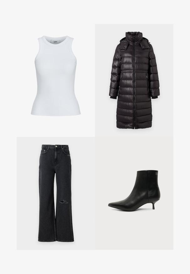 Langer schwarzer gesteppter Puffer-Mantel mit hohem Kragen, Frontreißverschluss, seitlichen Reißverschlusstaschen und abnehmbarem Kapuzen, entworfen für kaltes Wetter.; Weißes, geripptes Tanktop mit runder Ausschnittform und ärmellosem Design. Hat eine Slim-Fit-Passform und eine weiche Textur, ideal zum Lagenlook.; Schwarz-jeans mit weitem Bein und hoher Taille, versehen mit einem abgerissenen Riss am linken Knie und klassischen Metallknopf- und Nietenakzenten.; Schwarzer Leder-Knöchel-Stiefel mit spitzer Spitze und niedrigem Kittenabsatz vor hellem Hintergrund, seitliche Ansicht.