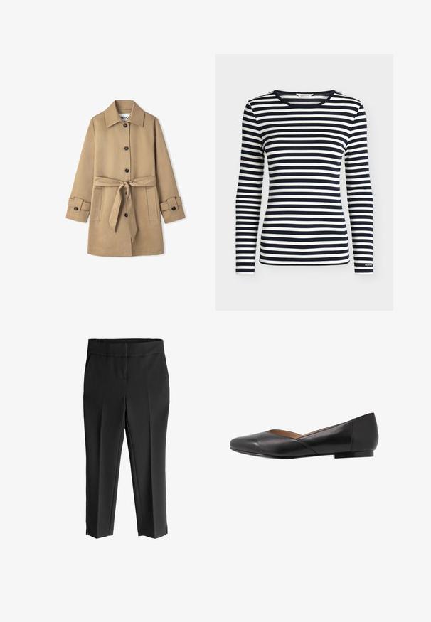 Beige trenchcoat met een ceintuur, grote kraag, sluiting met knopen aan de voorkant en klepzakken. Soepele stof met een getailleerde pasvorm.; Oversized shirt met lange mouwen met marineblauwe en witte horizontale strepen en een ronde hals, met het merk GANT op de mouwboord.; Zwarte cropped broek met een brede tailleband, voorzien van een gladde textuur, taps toelopende benen en zijsplitten aan de zoom voor extra detail.; Zwarte leren platte schoen met een spitse neus, lage hak en een iets open bovenwerk ontwerp. Gladde textuur met minimale stikdetails.