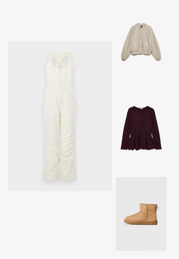 Veste beige matelassée à manches longues, col rond, fermeture à boutons-pression, poignets et ourlet élastiqués.; Salopette blanche isolante avec bretelles croisées réglables, fermeture éclair frontale et deux poches latérales, présentant une texture lisse et une coupe décontractée.; Gilet en tricot bordeaux à longues manches, col rond et fermeture à cinq boutons. Présente un ourlet évasé à la taille.; Bottines en suède beige avec bout rond, détails cousus, tirant à l'arrière et semelle en caoutchouc texturé. Conçues pour le confort et la chaleur.