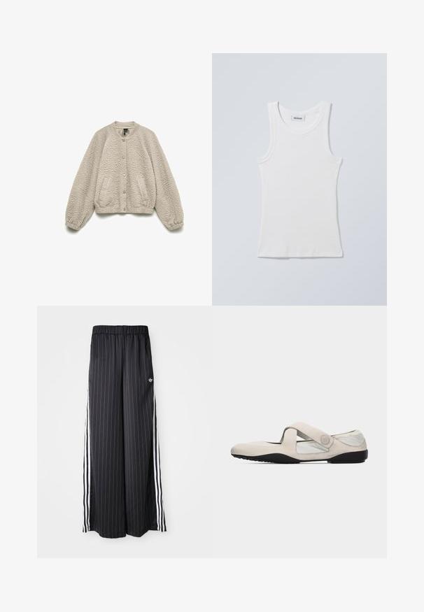 Beige värillinen tikattu takki, jossa pitkät hihat, pyöreä pääntie, nepparikiinnitys sekä joustavat hihansuut ja helma.; Valkoinen puuvillainen hihaton paita, jossa pyöreä pääntie ja leveät olkaimet. Ominaisuuksina ribbineulos ja suora helma. Kylttimerkki näkyvissä pääntiessä.; Mustat leveät housut, joissa on pystysuorat valkoiset raidat, joustava vyötärö ja kolme valkoista raitaa sivulla. Adidas-logo edessä.; Beigeväri Mary Jane -kenkä ristiin menevällä remmillä, musta pohja ja pehmeä kangasyläosa, suunniteltu rentoon mukavuuteen ja jokapäiväiseen käyttöön.
