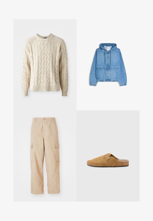 Hellblauer Denim-Kapuzenpullover mit Reißverschluss, Fronttaschen, verstellbarer Kordelzugkapuze und elastischen Bündchen, innen am Kragen mit Bershka-Label.; Cremfarbener Kabelstrickpullover mit Rundhalsausschnitt, strukturiertem Muster und gerippten Bündchen und Saum. Hergestellt aus weicher, dicker Wolle.; Beige Cargo-Hose mit lockerer Passform, aus leichtem Stoff gefertigt, mit zwei seitlichen Cargo-Taschen und einem Knopfverschluss an der Taille.; Braune Wildleder-Slipper mit einem breiten Riemen über dem Obermaterial, strukturiertem Fußbett und einer Korkzwischensohle. Die flache Gummisohle sorgt für guten Halt.