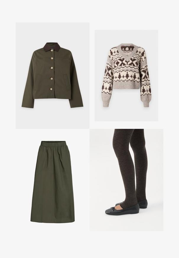 Grøn jakke med knapper, mørkebrunt krave, lange ærmer og to forlommer, vist på en ensartet lys baggrund.; V-hals, cropped sweater i beige og brun, med et geometrisk mønster samt ribbede ærmer og kant. Fremstillet af et blødt, tekstureret stof.; Olivengrøn, ankel-længde nederdel med samlet elastisk talje og en glat, let krøllet stoftekstur.; Ben iført mørke ribbede leggings kombineret med sorte balletsko med små sløjfedetaljer på hvid baggrund.