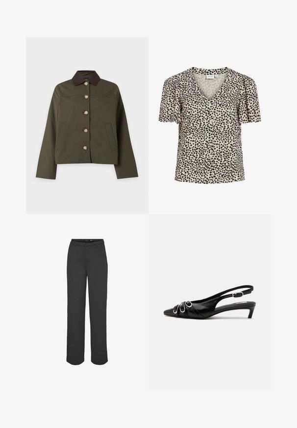Grøn jakke med knapper, mørkebrunt krave, lange ærmer og to forlommer, vist på en ensartet lys baggrund.; Beige kortærmet bluse med uregelmæssige sorte polkaprikker, V-hals og knapper foran, lavet af mærket VILA.; Mørkegrønne bukser med vidde, lavet af glat stof. Har en talje med bæltestropper, forlommer og lige pasform.; Sort læder slingback sko med spids tå, tre sølvspænder på forsiden og lav lille hæl på hvid baggrund.