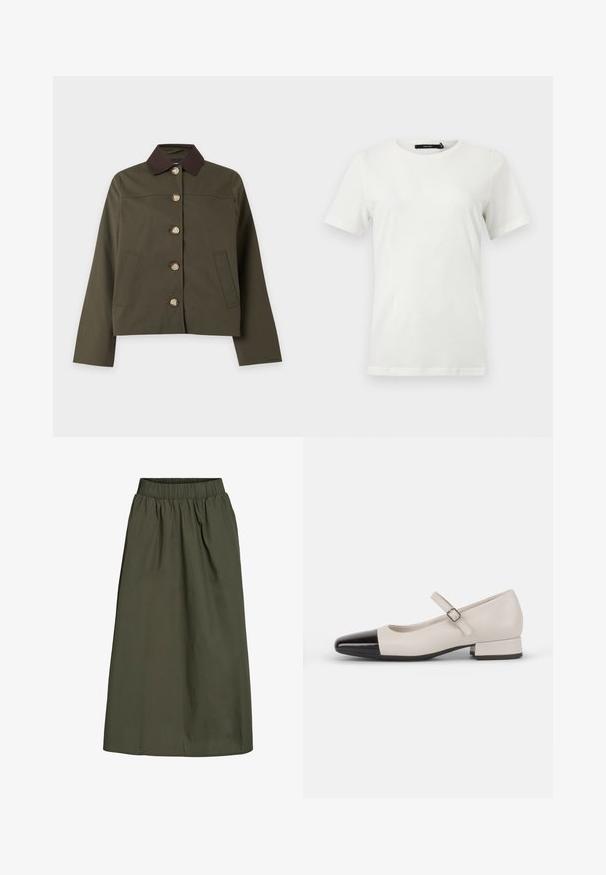 Chaqueta verde abotonada con cuello marrón oscuro, mangas largas y dos bolsillos delanteros, mostrada sobre un fondo liso y claro.; Camiseta blanca lisa de manga corta con cuello redondo y dobladillo recto, mostrada plana sobre un fondo claro.; Falda de color verde oliva, hasta los tobillos, con cinturilla elástica con fruncido y una textura de tela suave y ligeramente arrugada.; Zapato estilo Mary Jane en cuero crema con puntera de charol negro. Presenta una punta redonda, tirante en el tobillo con una hebilla cuadrada y un tacón bajo y cuadrado.