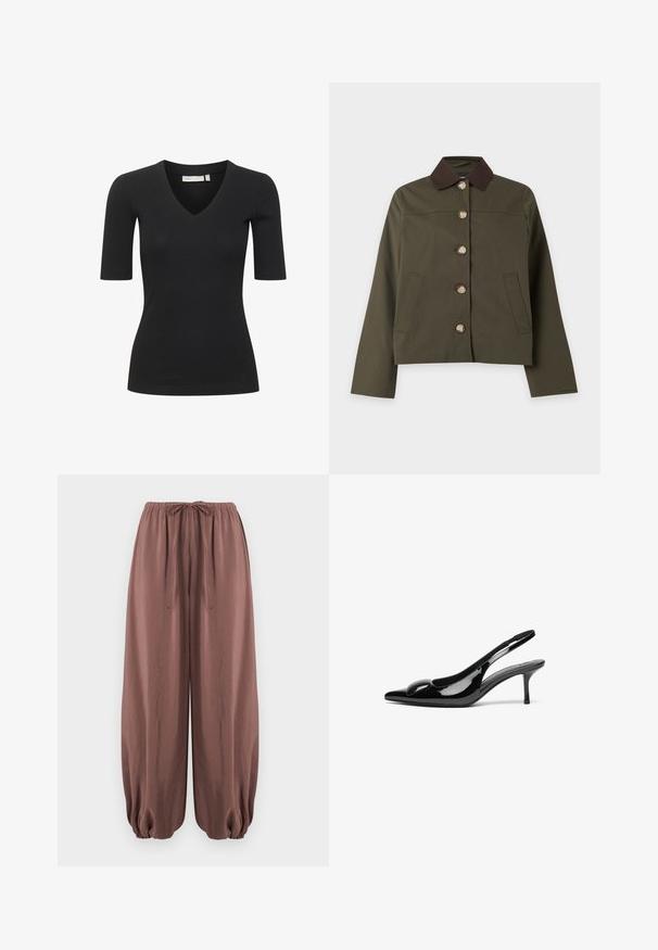 Veste verte à boutons avec col marron foncé, manches longues et deux poches avant, présentée sur un fond clair uni.; Haut noir à manches courtes en côte avec un col en V, présentant une silhouette ajustée et une texture lisse. Simple et polyvalent pour le superposition.; Pantalon marron ample avec taille élastique et cordon de serrage, doté de poignets élastiques froncés aux chevilles.; Escarpins slingback en cuir verni noir avec un bout pointu et une finition brillante. Présente un talon fin et un accent arrondi au dessus du pied.