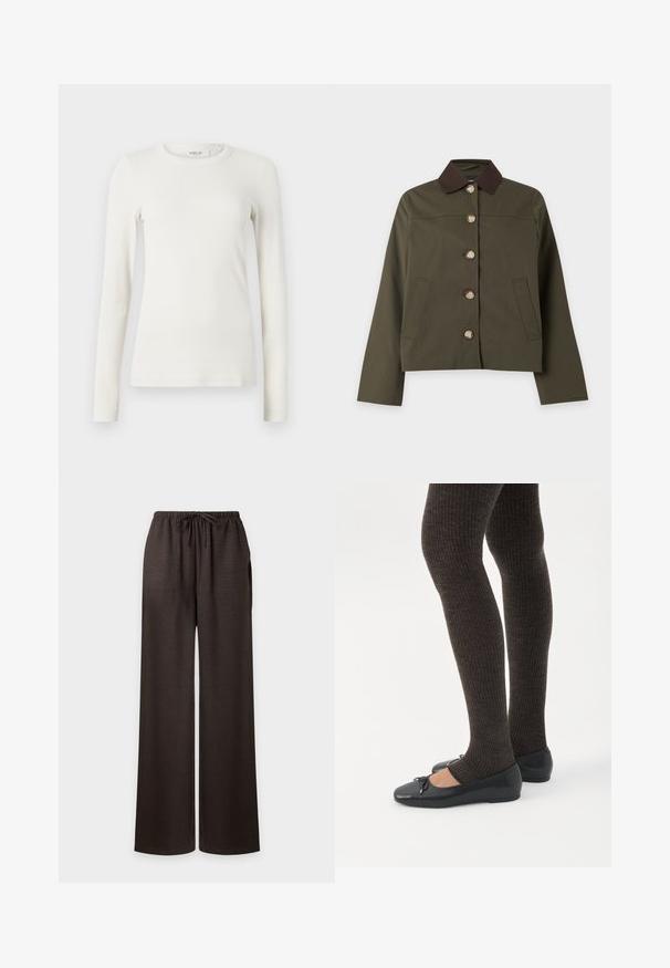 Veste verte à boutons avec col marron foncé, manches longues et deux poches avant, présentée sur un fond clair uni.; T-shirt blanc à manches longues, en tissu doux, présentant un col rond et une coupe ajustée avec des coutures minimales et sans motifs ni accents visibles.; Pantalon marron foncé à jambes larges avec taille élastique et cordon, avec poches plaquées devant.; Jambes portant des leggings côtelés foncés associés à des ballerines noires avec de petits détails en nœud sur fond blanc.