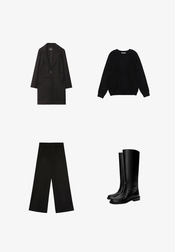Sort uldfrakke med slået krave, enkelt knaplukning og to frontlommer. Lige silhuet med lange ærmer.; Sort langærmet crewneck-sweater med ribbede ærmekanter og kant nederst, vist fladt på en hvid baggrund.; Sorte bukser med brede ben, knap- og lynlåslukning, bæltestropper og frontfolder, lagt fladt på en hvid baggrund.; Sorte knæhøje læderstøvler med en glat tekstur, rund tå, flad sål og minimalistisk design, der har syede sømme og ingen synlige metaldele.