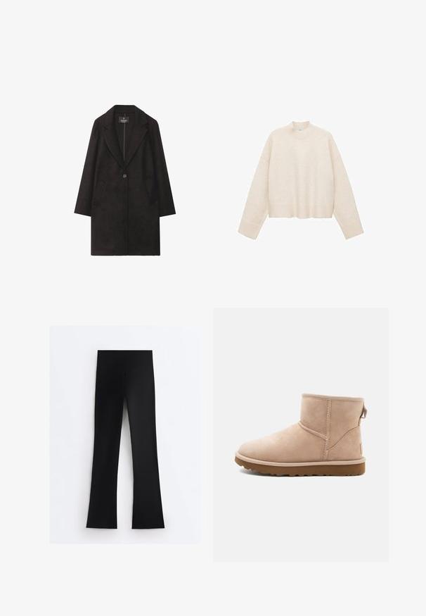 Sort uldfrakke med slået krave, enkelt knaplukning og to frontlommer. Lige silhuet med lange ærmer.; Cremefarvet pullover trøje lavet af blødt stof, med høj hals, sænket skuldre og en cropped design med ribbede kanter.; Sorte leggings med høj talje og bred taljebånd, med lige ben, vist fladt på hvid baggrund.; Beige ruskindsankelstøvle med rund tå, synlige sting og en tekstureret brun gummisål. Har en træksløjfe på bagsiden.