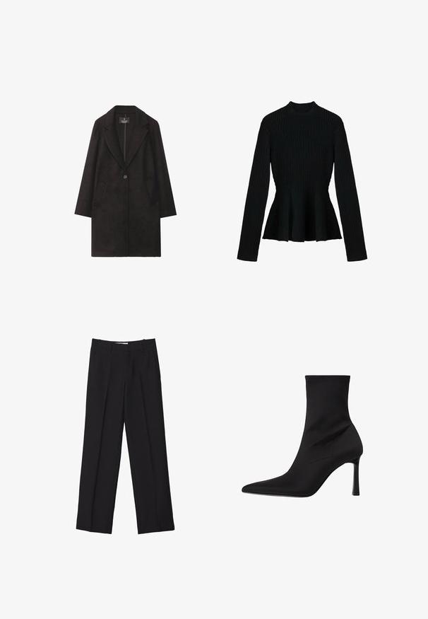Sort uldfrakke med slået krave, enkelt knaplukning og to frontlommer. Lige silhuet med lange ærmer.; Sort ribbet langærmet top med høj hals og peplum-for, der har en tekstureret stof og tætsiddende design.; Sorte skræddersyede bukser med lige ben-design, der har dobbelte folder, en glat tekstur og diskrete forreste sømdetaljer.; Sorte ankelstøvler lavet af glat stof, med spidse tåer, slank tætsiddende design og høje stiletter, med minimal syning.