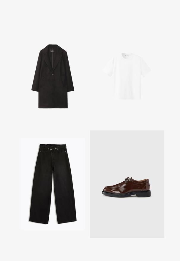 Manteau en laine noire avec un col notch, fermeture à un bouton et deux poches avant. Silhouette droite avec des manches longues.; T-shirt uni blanc à manches courtes et col rond, présenté à plat sur fond blanc avec l'étiquette de la marque visible à l'intérieur du col.; Jean noir taille haute à jambes larges avec fermeture boutonnée et à glissière, passants de ceinture et design cinq poches, présenté à plat sur fond blanc.; Chaussure habillée en cuir marron avec une finition brillante, bout rond, design à lacets, et semelle en caoutchouc noire. Présente des détails de coutures minimaux.
