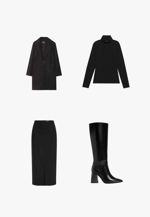 Sort uldfrakke med slået krave, enkelt knaplukning og to frontlommer. Lige silhuet med lange ærmer.; Sort turtleneck med lange ærmer. Blødt stof, tætsiddende design, høj krave og sidesøm. Simpel og alsidig stil, der er velegnet til lag-på-lag.; Sort midi pencilnederdel med høj talje, frontslids og skjult lynlås på hvid baggrund.; Sorte knæhøje støvler lavet af glat læder, med spids tå og en blokhælc med lodrette striber. Minimalistisk design.