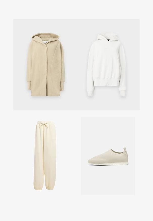 Beiger Fleece-Mantel mit Kapuze, ausgestattet mit einem Knopfverschluss vorne, Seitentaschen und weichem, texturiertem Stoff für Wärme.; Weißer Kapuzenpullover mit lässiger Passform. Verfügt über eine Kängurutasche, gerippte Bündchen und einen weichen, strukturierten Stoff. Dezentes Branding auf der Brust.; Beige, locker sitzende Sweatpants aus weichem Material. Sie verfügen über einen elastischen Bund mit Kordelzug und elastische Bündchen an den Knöcheln.; Beige gestrickter Slipper mit niedrigem Profil, strukturiertem Obermaterial und flexibler Sohle. Verfügt über ein gewebtes Design um den Knöchel für zusätzlichen Komfort.
