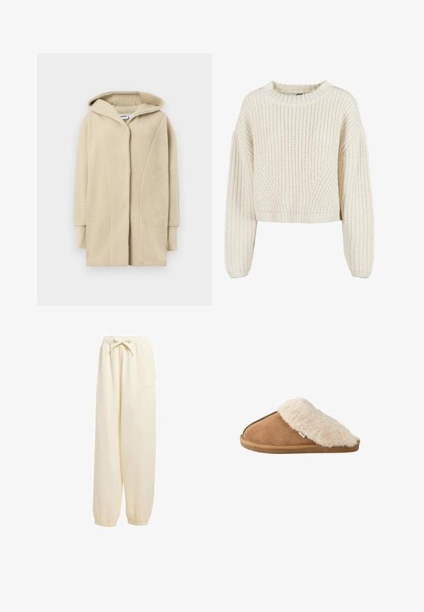 Beiger Fleece-Mantel mit Kapuze, ausgestattet mit einem Knopfverschluss vorne, Seitentaschen und weichem, texturiertem Stoff für Wärme.; Dicker Strickpullover in Creme mit Rundhalsausschnitt, weiten Ärmeln, gerippten Bündchen und einem strukturierten Muster. Verkürzter Schnitt.; Beige, locker sitzende Sweatpants aus weichem Material. Sie verfügen über einen elastischen Bund mit Kordelzug und elastische Bündchen an den Knöcheln.; Brauner pantoffel zum Hineinschlüpfen mit weichem beigem Kunstpelzfutter und -sohle, Seitenansicht auf weißem Hintergrund.