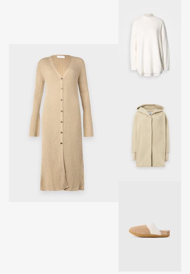 Beige fleecejakke med hætte, der har knapper foran, sidelommer og blødt tekstureret stof for varme.; Hvid strikket sweater med ribstrikket høj hals, sænkede skuldre og sideslidser ved kanten. Fremstillet af blødt, struktureret stof.; Beige ribbet cardigan med lange ærmer, knaplukning foran, V-hals og udvidede manchetter. Fremstillet af blødt strikmateriale med en tekstureret finish.; Tannubuck slip-on tøfler med hvid fluffy foring og gummisål, vist i profilen til siden på hvid baggrund.