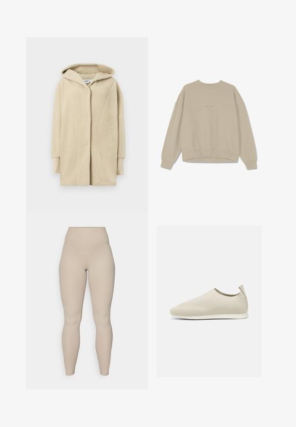 Abrigo de forro polar beige con capucha, con cierre frontal de botones, bolsillos laterales y tela de textura suave para brindar calidez.; Sudadera beige hecha de suave algodón, con cuello redondo, hombros caídos y puños acanalados, con la palabra "PEGAADOR" bordada en la parte frontal.; Mallas de cintura alta en color beige con textura acanalada, con una cinturilla suave y piernas ajustadas, diseñadas para comodidad y flexibilidad.; Zapato slip-on de punto beige con perfil bajo, parte superior texturizada y suela flexible. Presenta un diseño trenzado alrededor del tobillo para mayor comodidad.