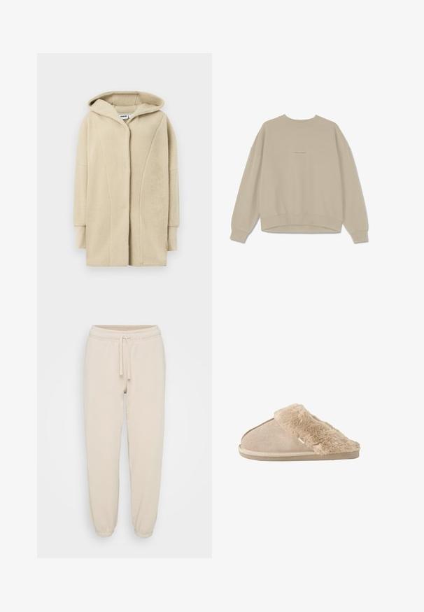 Beežikas värvitud fliisist mantel kapuutsiga, ees nööpidega kinnitusega, küljetaskute ja pehme tekstuuriga kangaga soojustamiseks.; Beige kapuutsita sweatshirt, mis on valmistatud pehmest puuvillast, millel on ümar kaelus, langenud õlavarred ja soonikkäised, ning sõna "PEGAADOR" on tikandina rinnal.; Beez värvi puuvillased dressipüksid, millel on elastne vöökoht, nöör ja elastsed mansetid, esitatud lihtsalt valgel taustal.; Beežid sussid, mis on libistatavad, pehme seemisnahkse välispinna ja pehme, kohev voodri ja manšetiga, mõeldud siseruumide mugavuseks.