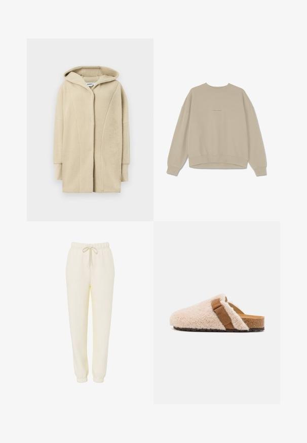 Manteau en polaire beige avec capuche, doté d'une fermeture à boutons sur le devant, de poches latérales et d'un tissu à texture douce pour la chaleur.; Sweatshirt beige en coton doux, avec un col rond, des épaules tombantes et des poignets côtelés, ornée du mot "PEGAADOR" brodé sur le devant.; Pantalon de survêtement décontracté couleur crème avec ceinture élastique et cordon de serrage, jambes effilées et poignets élastiques.; Sabots en shearling beige à enfiler avec une sangle en daim marron, semelle en liège et semelle extérieure en caoutchouc texturé, conçus pour le confort et le port décontracté.