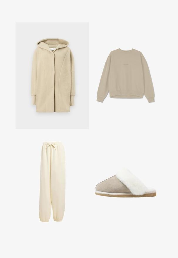 Manteau en polaire beige avec capuche, doté d'une fermeture à boutons sur le devant, de poches latérales et d'un tissu à texture douce pour la chaleur.; Sweatshirt beige en coton doux, avec un col rond, des épaules tombantes et des poignets côtelés, ornée du mot "PEGAADOR" brodé sur le devant.; Pantalons de survêtement beige, amples, en matériau doux. Dotés d'une taille élastique avec cordon de serrage et de poignets élastiqués aux chevilles.; Mocassin en daim beige clair avec une bande de fourrure blanche duveteuse sur le dessus, doté d'une semelle extérieure texturée pour une meilleure adhérence et un confort optimal.