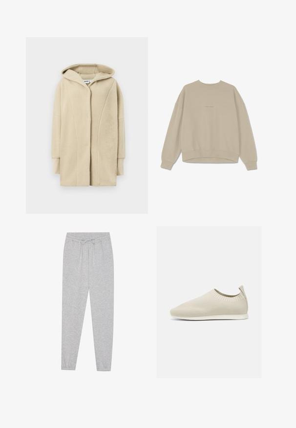 Abrigo de forro polar beige con capucha, con cierre frontal de botones, bolsillos laterales y tela de textura suave para brindar calidez.; Sudadera beige hecha de suave algodón, con cuello redondo, hombros caídos y puños acanalados, con la palabra "PEGAADOR" bordada en la parte frontal.; Pantalones de chándal grises con una textura suave, cinturilla elástica y detalle de cordón. Diseño de pierna ajustada con un ajuste casual.; Zapato slip-on de punto beige con perfil bajo, parte superior texturizada y suela flexible. Presenta un diseño trenzado alrededor del tobillo para mayor comodidad.