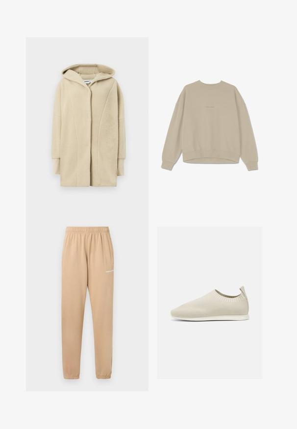 Beežikas värvitud fliisist mantel kapuutsiga, ees nööpidega kinnitusega, küljetaskute ja pehme tekstuuriga kangaga soojustamiseks.; Beige kapuutsita sweatshirt, mis on valmistatud pehmest puuvillast, millel on ümar kaelus, langenud õlavarred ja soonikkäised, ning sõna "PEGAADOR" on tikandina rinnal.; Beežid spordipüksid elastse vöökohtaga, kitsenevate jalgade ja küljetaskutega. Vasakul reiel on väike valge tekst "PEGADOR".; Beezhise kudumitega sussid madala profiiliga, tekstuuriga pealispinna ja paindliku tallaga. Omab mugavuse tagamiseks pahkluukohal kudumist.