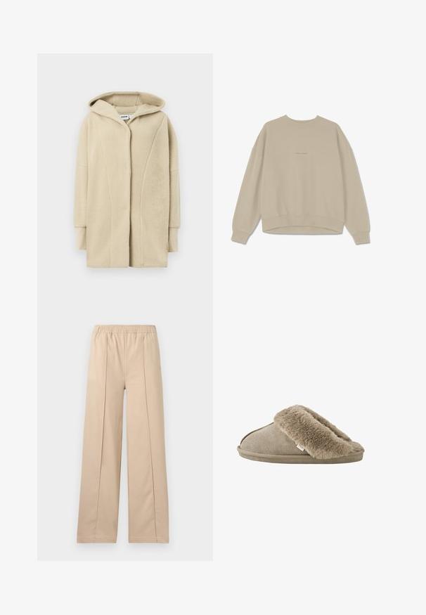 Beežikas värvitud fliisist mantel kapuutsiga, ees nööpidega kinnitusega, küljetaskute ja pehme tekstuuriga kangaga soojustamiseks.; Beige kapuutsita sweatshirt, mis on valmistatud pehmest puuvillast, millel on ümar kaelus, langenud õlavarred ja soonikkäised, ning sõna "PEGAADOR" on tikandina rinnal.; Beezid laiad püksid elastse vöökohtaga, kahel vertikaalsel voldil, pehmest kangast ja lihtsa disainiga.; Beežid libisevad sussid pehme, sametise karvase voodriga ava ümber ja välispõhjaga, mis meenutab seemisnahka.
