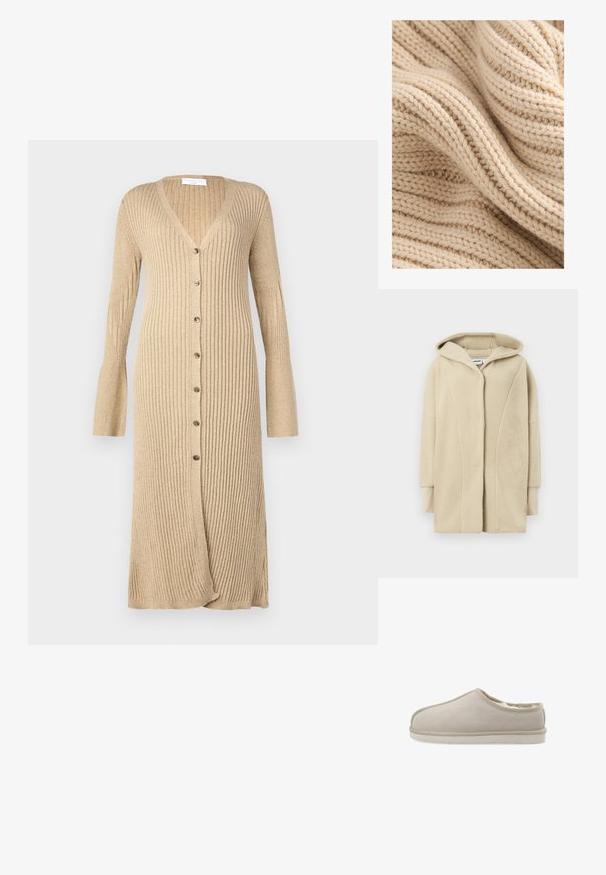 Abrigo de forro polar beige con capucha, con cierre frontal de botones, bolsillos laterales y tela de textura suave para brindar calidez.; Tela beige de punto con acanalado texturizado, que muestra variaciones de grosor y una apariencia suave y difusa. Los hilos están tejidos de forma apretada.; Cardigan beige de canalé con mangas largas, cierre frontal de botones, escote en V y puños acampanados. Fabricado en un material de punto suave con un acabado texturizado.; Bianco Backless Loafer BIASNOW - Sandalias planas - sand