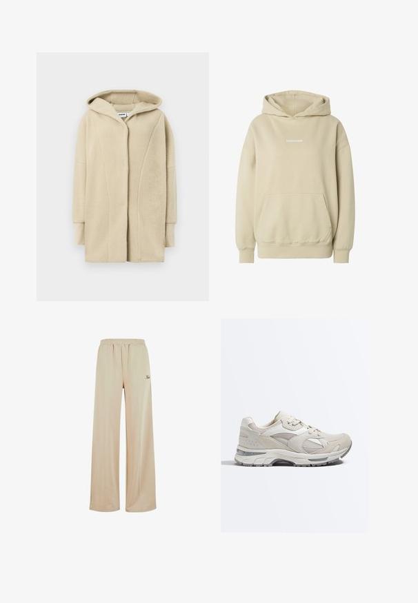 Beiger Fleece-Mantel mit Kapuze, ausgestattet mit einem Knopfverschluss vorne, Seitentaschen und weichem, texturiertem Stoff für Wärme.; Beiger Hoodie mit vorderer Kängurutasche, gerippten Bündchen und Saum sowie kleinem weißem "PEBAGOR"-Logo in der Mitte der Brust.; Beige weite Hose aus weichem Stoff mit elastischem Bund und Seitennähten. Mit dezentem Logo-Stickerei.; Beige-weißer Sportschuh mit Mesh- und Wildlederpaneelen, Schnürverschluss und dicker, gepolsterter Sohle mit grauem Profil.