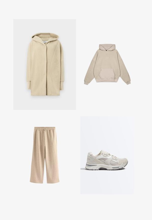 Beige fleece-takki hupulla, jossa edessä nappikiinnitys, sivutaskut ja pehmeä tekstuuri tarjoamassa lämpöä.; Beige huppari, jossa on rento istuvuus, kengurupocket, hihansuut, ja sileä rakenne. Edessä on hienovarainen logotieto.; Kermanväriset leveälahkeiset housut, jotka on valmistettu pehmeästä puuvillasekoitekankaasta. Niissä on joustava vyötärö, jossa on naru ja hienovarainen täpläkuvio.; Beige ja valkoinen urheilutossu, jossa on verkkokangasta ja mokkanahkaa, nauhallinen suljenta ja paksu pehmustettu pohja harmaalla kuvioidulla kuvioinnilla.