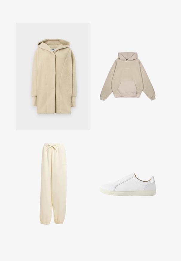 Beige fleecejakke med hætte, der har knapper foran, sidelommer og blødt tekstureret stof for varme.; Beige hætte sweatshirt med en afslappet pasform, kængurulomme, manchetter og en glat tekstur. Har diskrete logo-detaljer på forsiden.; Beige, løstsiddende sweatpants lavet af blødt materiale. Har en elastisk talje med snoretræk og elastiske manchetter ved anklerne.; Hvid lavtop læder-sneaker med lynlås på siden, beige inderforet og off-white gummisål, vist fra ydersiden.
